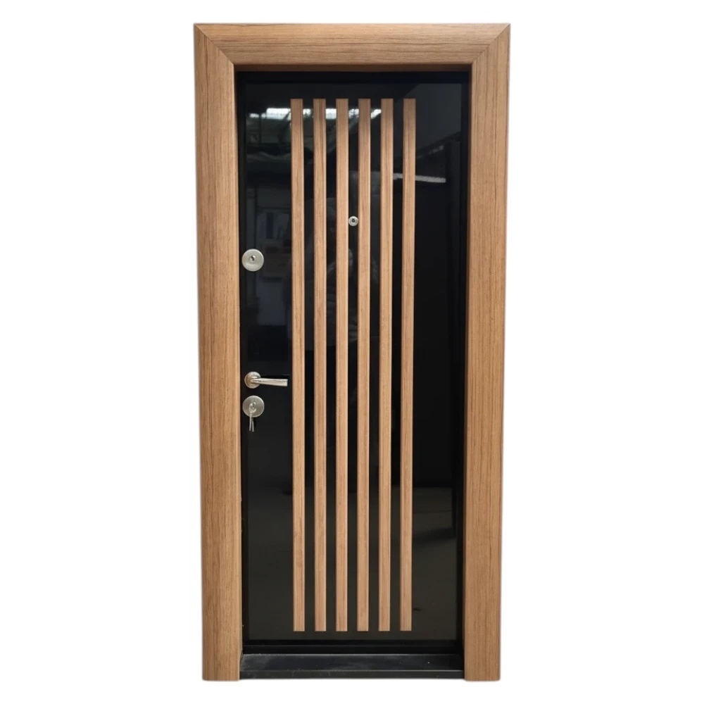 Usa metalica de apartament cu izolatie si vizor Novo Doors First Class NDS45, Deschidere Stanga Dreapta, Dimensiune 200X88 cm, Tabla 1.2 mm, Negru lucios cu riflaj MDF Stejar (Sens deschidere: Dreapta)