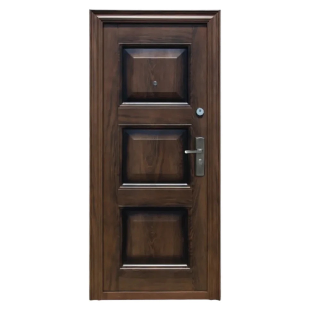 Usa metalica de exterior cu izolatie si vizor Novo Doors ND7002 , 2 yale,tabla 0,7 mm, balamale si clanta incluse, toc de 7 centimetri, pentru casa si apartament, Maron (Sens deschidere: Stanga)