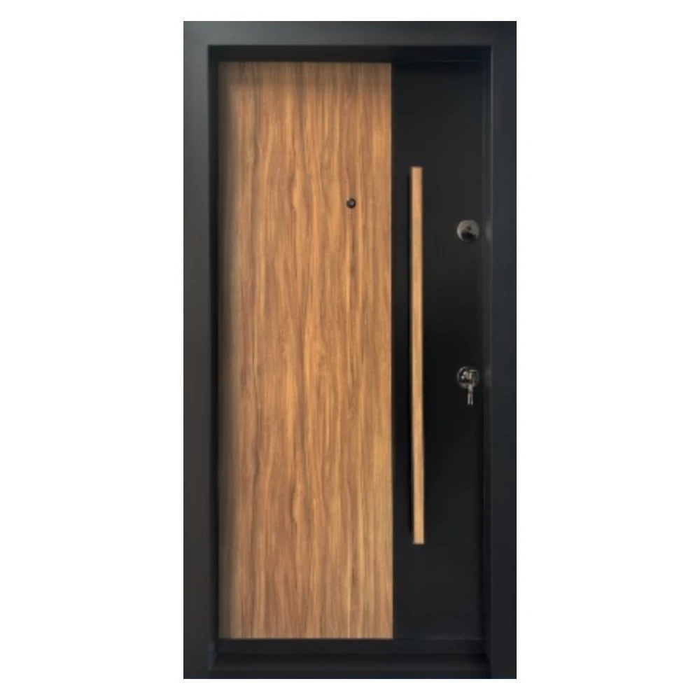 Usa metalica de exterior cu izolatie si vizor Novo Doors NDA3, Din compozit, 2 yale, Kit complet, Pentru case, Negru perlat cu stejar deschis (Sens deschidere: Stanga)