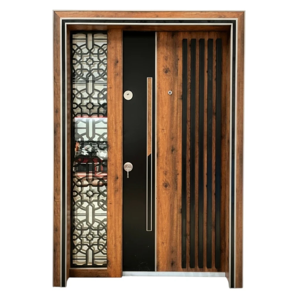 Usa metalica dubla de exterior cu izolatie si vizor Novo Doors NDS1000, Din compozit, 2 yale, Kit complet, Pentru case (Culoare: Stejar Auriu, Sens deschidere: Dreapta)