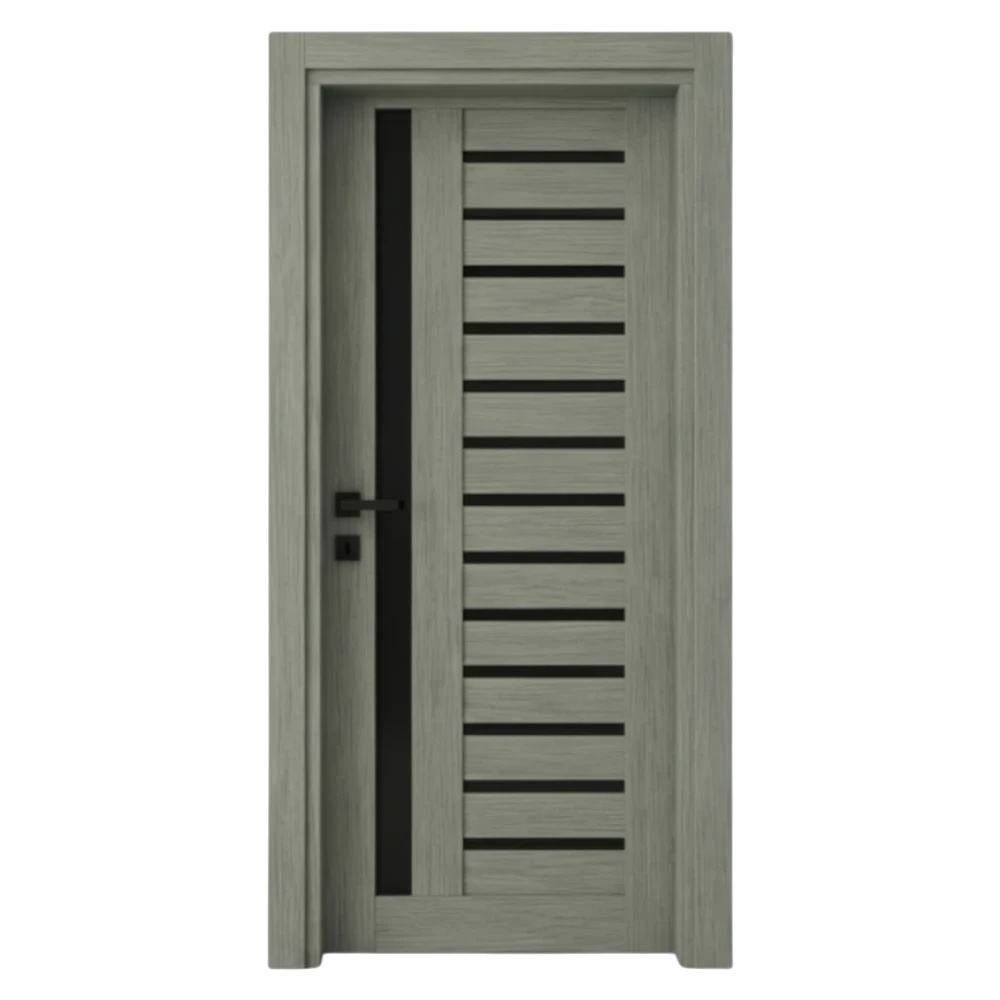 Usa Interior din MDF Novo Doors NDM01 LUX PREMIUM, Cadru din Lemn Masiv, Insertii imitatie sticla, KIT COMPLET, Toc Reglabil de 10 CM INCLUS, Plinta pe Ambele Parti (Culoare: Gri, Dimensiune: 70 cm, Maner: Patrat argintiu crom, Toc: Reglabil 30 cm)
