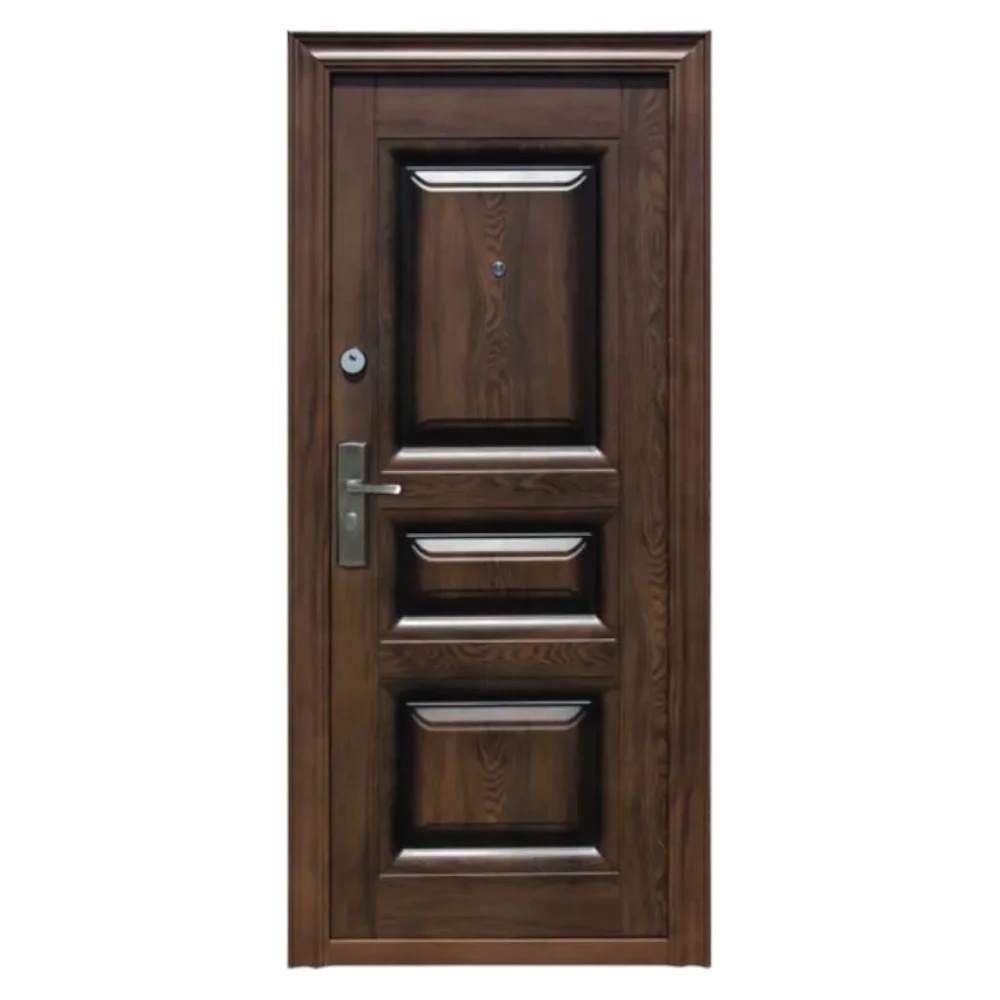 Usa metalica de exterior cu izolatie si vizor Novo Doors ND7001 , 2 yale,tabla 0,7 mm, balamale si clanta incluse, toc de 7 centimetri, pentru casa si apartament, Maron (Sens deschidere: Dreapta)