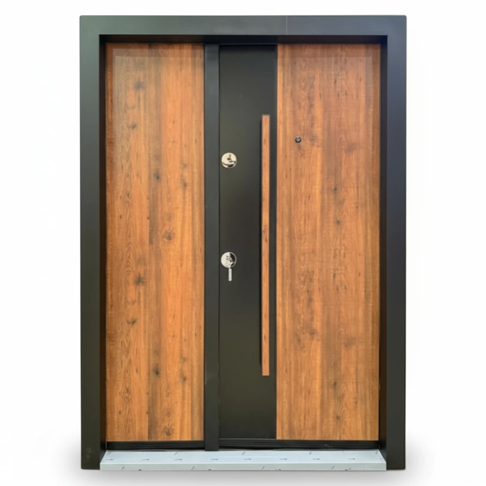 Usa metalica dubla de exterior cu izolatie si vizor Novo Doors NDA4D, Din compozit, 2 yale, Kit complet, Pentru case, Negru perlat cu Stejar auriu (Dimensiune: 120 cm, Sens deschidere: Dreapta)