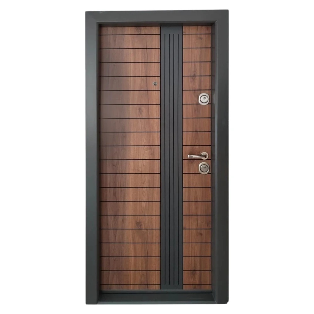Mărește imaginea pentru Usa metalica de apartament cu izolatie si vizor Novo Doors First Class NDS20, Deschidere Stanga Dreapta, Dimensiune 200X88 cm, Tabla 1.2 mm, Kit complet, Wenge cu insertie Gri antracit (Sens deschidere: Stanga)