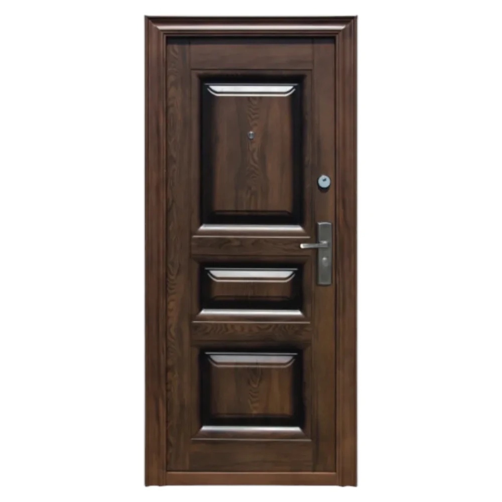Usa metalica de exterior cu izolatie si vizor Novo Doors ND7001 , 2 yale,tabla 0,7 mm, balamale si clanta incluse, toc de 7 centimetri, pentru casa si apartament, Maron (Sens deschidere: Stanga)