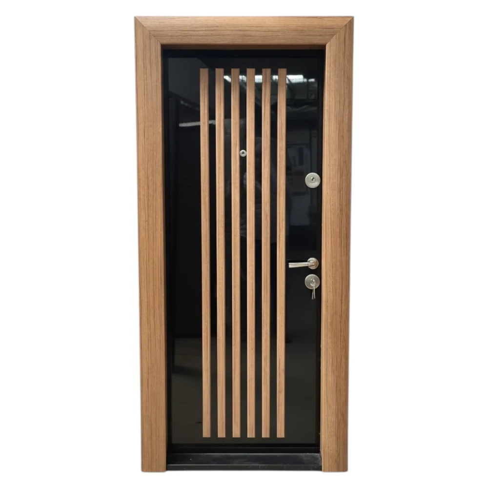 Usa metalica de apartament cu izolatie si vizor Novo Doors First Class NDS45, Deschidere Stanga Dreapta, Dimensiune 200X88 cm, Tabla 1.2 mm, Negru lucios cu riflaj MDF Stejar (Sens deschidere: Stanga)