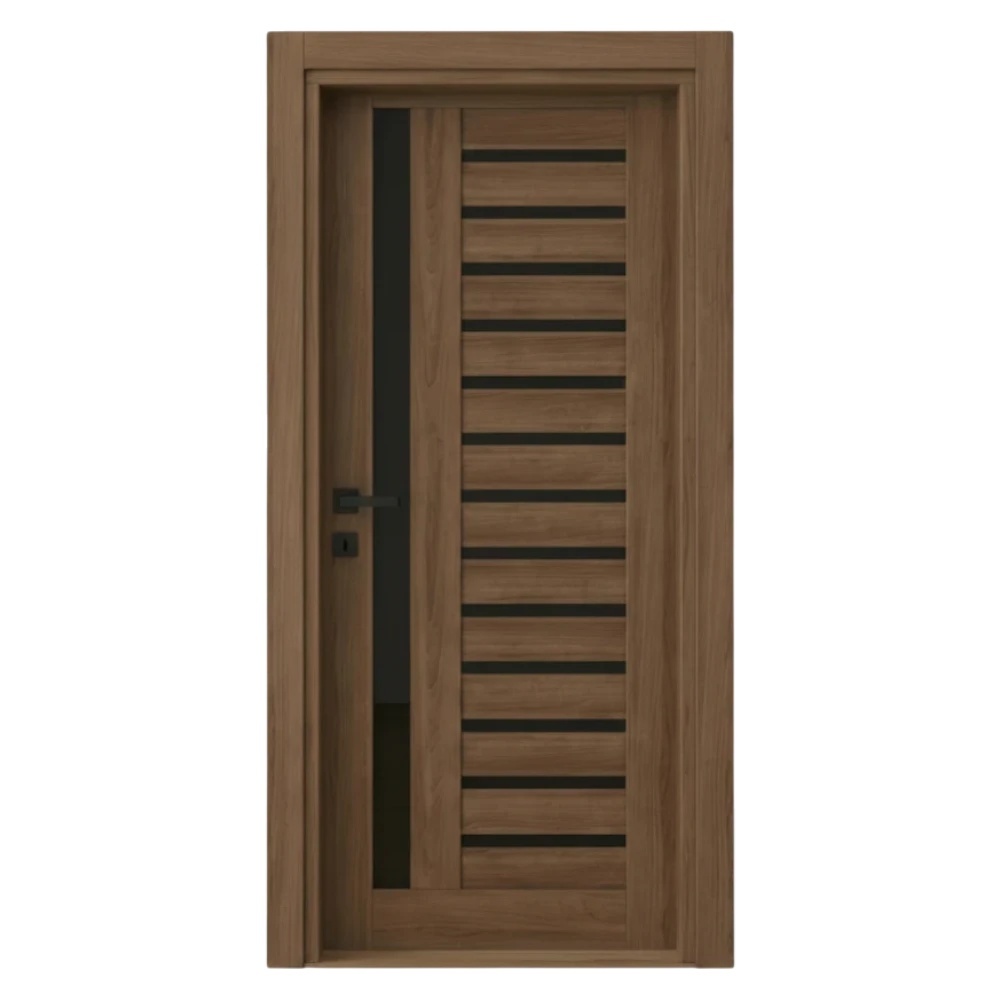 Usa Interior din MDF Novo Doors NDM01 LUX PREMIUM, Cadru din Lemn Masiv, Insertii imitatie sticla, KIT COMPLET, Toc Reglabil de 10 CM INCLUS, Plinta pe Ambele Parti (Culoare: Nuc, Dimensiune: 80 cm, Maner: Patrat negru inchidere magnetica, Toc: ...