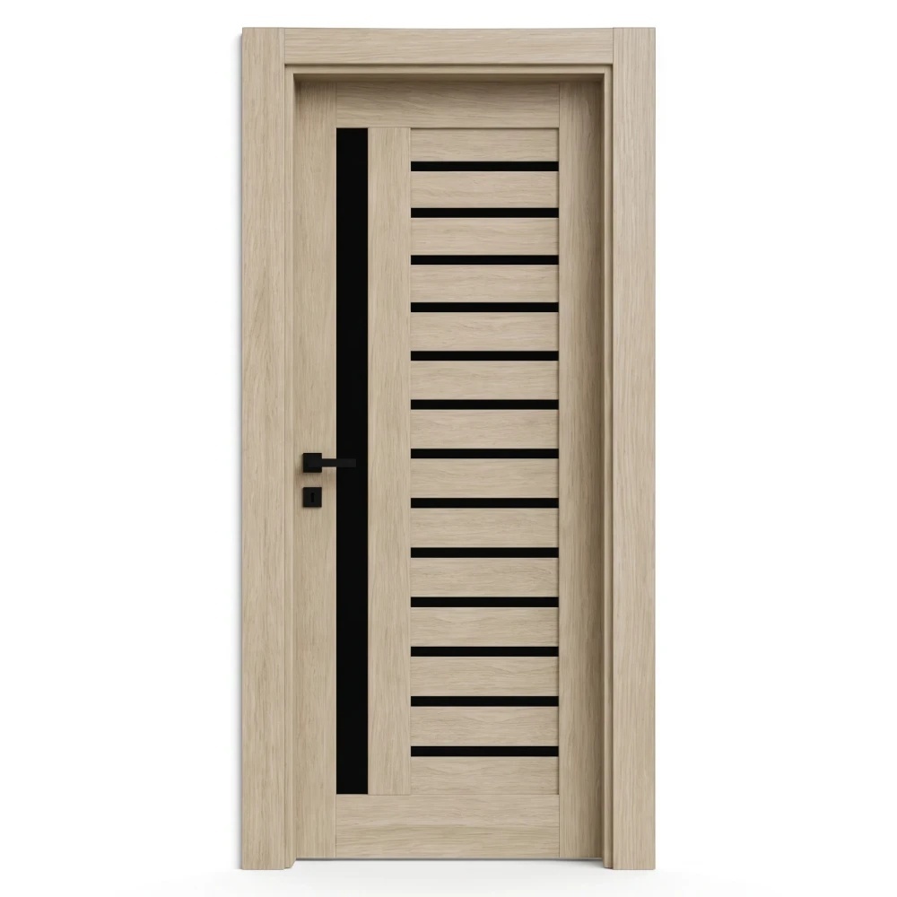 Usa Interior din MDF Novo Doors NDM01 LUX PREMIUM, Cadru din Lemn Masiv, Insertii imitatie sticla, KIT COMPLET, Toc Reglabil de 10 CM INCLUS, Plinta pe Ambele Parti (Culoare: Crem, Dimensiun