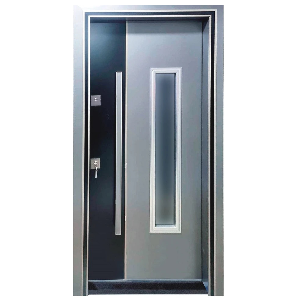 Usa metalica de exterior cu izolatie si vizor Novo Doors NDS1000S, Din compozit, 2 yale, Kit complet, Pentru case, (Culoare: Gri deschis, Geam: Sticla securizata, Sens deschidere: Dreapta)