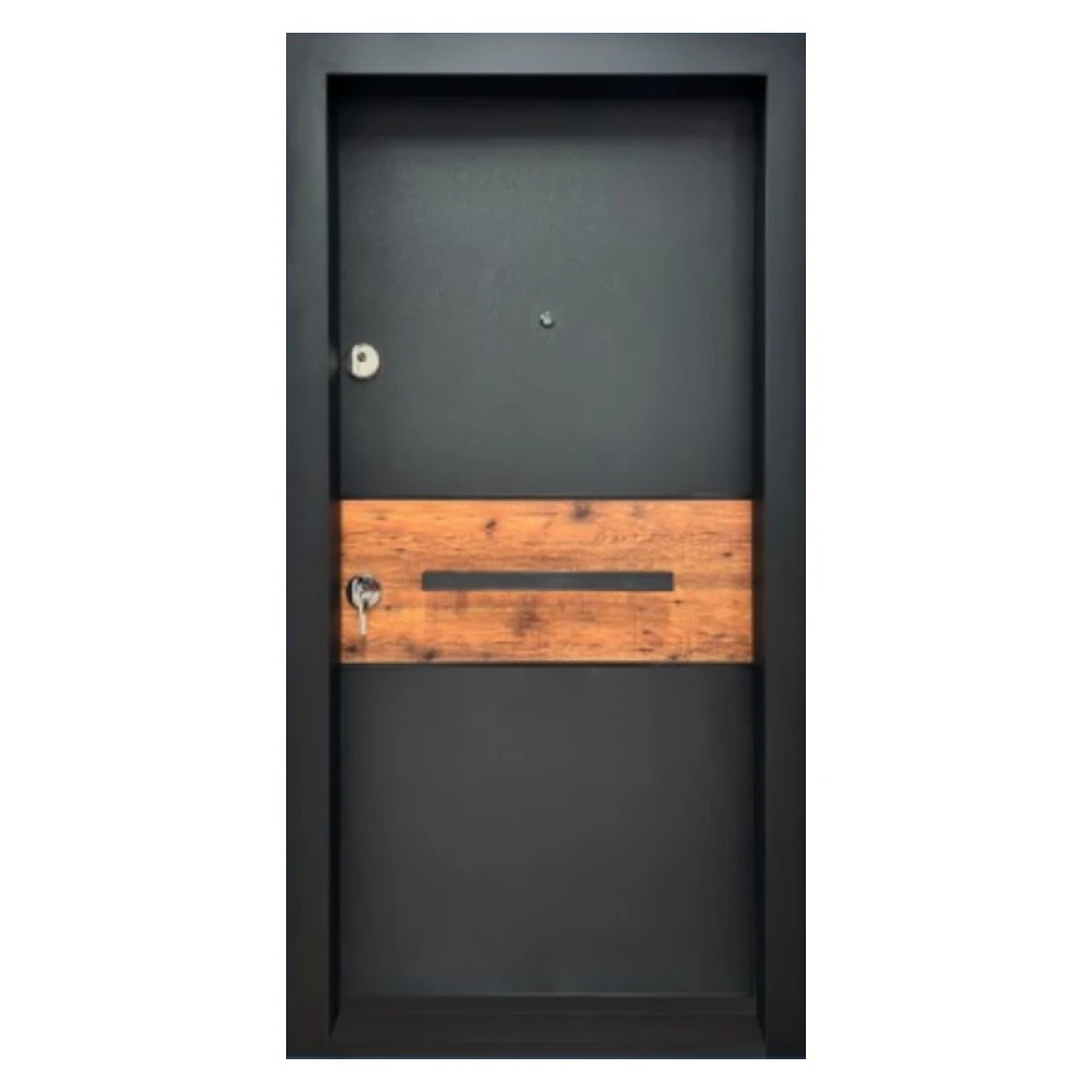 Usa metalica de exterior cu izolatie si vizor Novo Doors NDA2, Din compozit, 2 yale, Kit complet, Pentru case, Gri antracit cu insertie stejar (Sens deschidere: Dreapta)