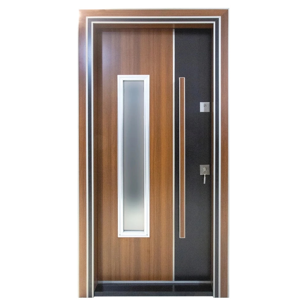 Usa metalica de exterior cu izolatie si vizor Novo Doors NDS1000S, Din compozit, 2 yale, Kit complet, Pentru case, (Culoare: Nuc, Geam: Sticla securizata, Sens deschidere: Stanga)