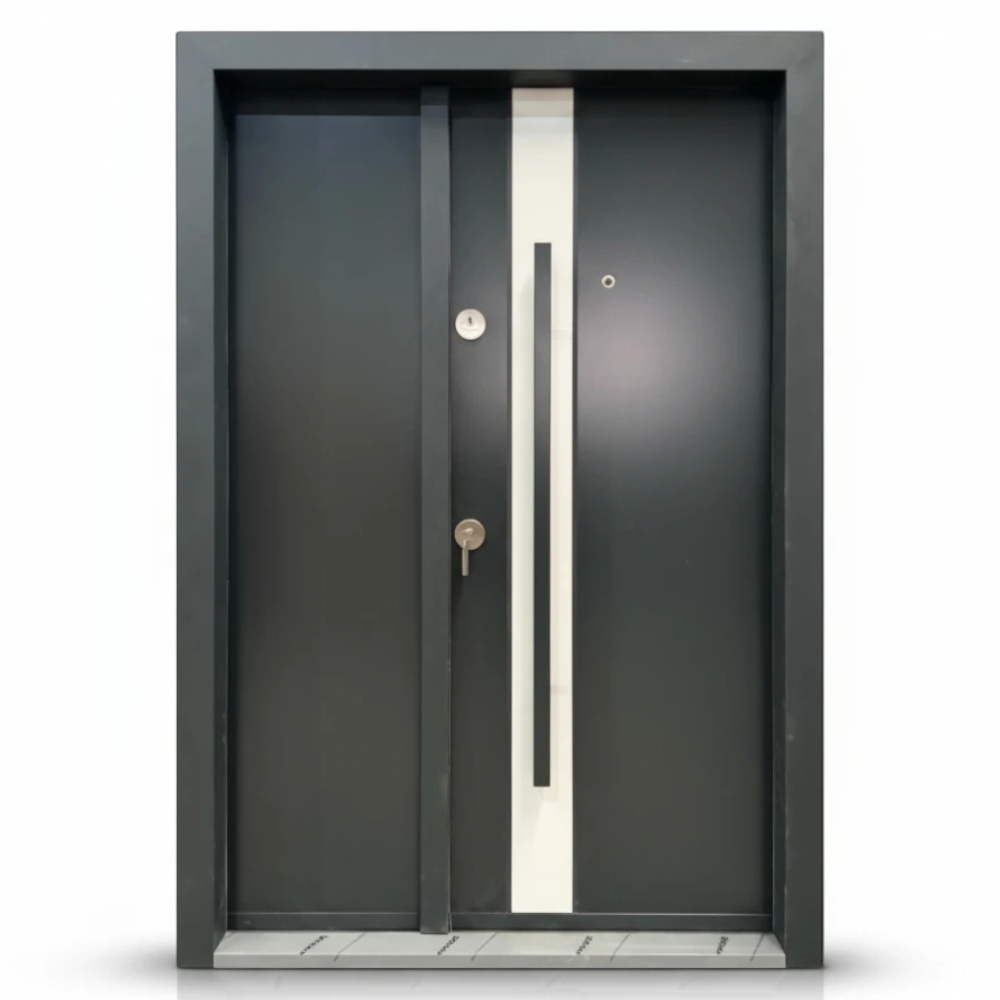 Usa metalica dubla de exterior cu izolatie si vizor Novo Doors NDA1D, Din compozit, 2 yale, Kit complet, Pentru case, Gri antracit cu gri deschis (Sens deschidere: Dreapta, Dimensiune: 140 cm)