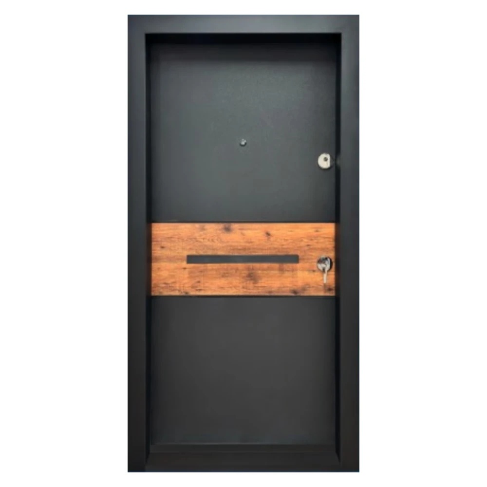 Usa metalica de exterior cu izolatie si vizor Novo Doors NDA2, Din compozit, 2 yale, Kit complet, Pentru case, Gri antracit cu insertie stejar (Sens deschidere: Stanga)