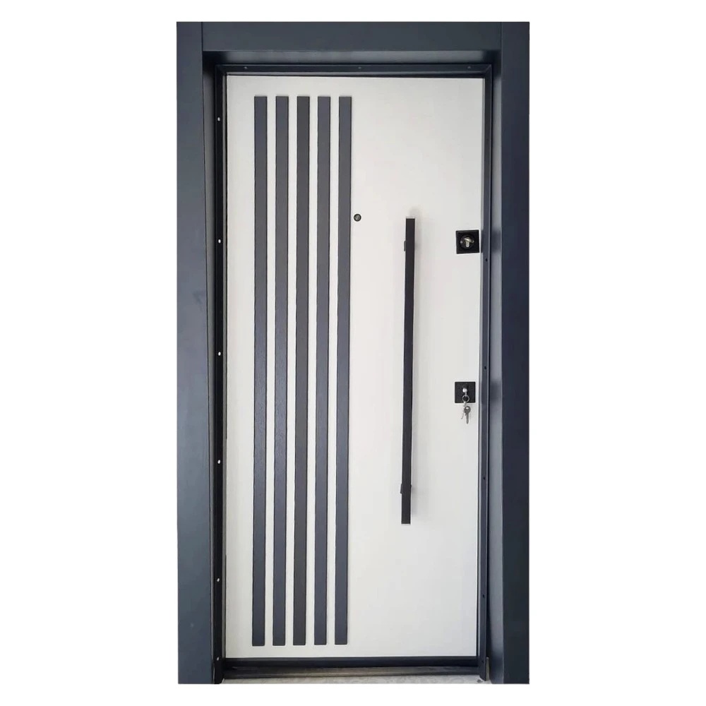NOVO DOORS Usa metalica de exterior cu izolatie si vizor NDS1000S, Din compozit, 2 yale, Kit complet, Pentru case, (Culoare: Nuc, Geam: Sticla securizata, Sens deschidere: Stanga)