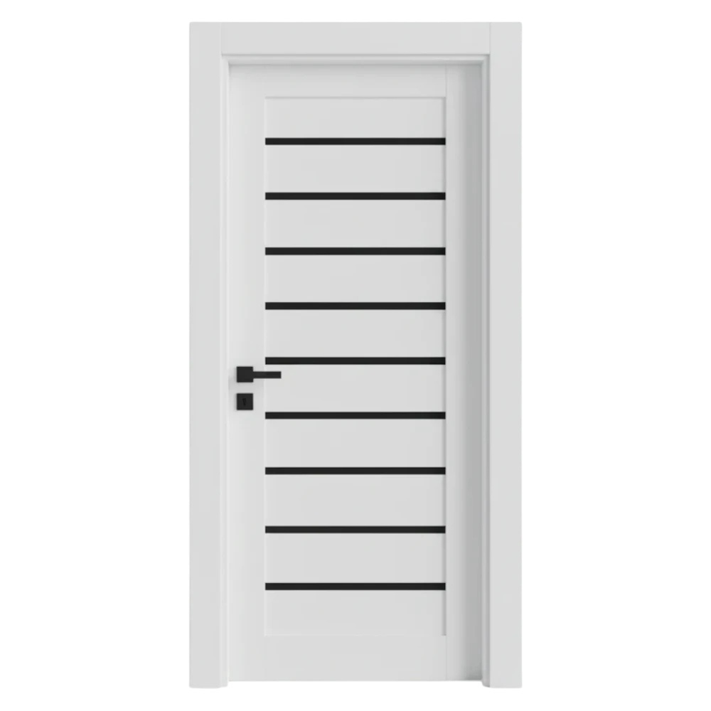 Usa Interior din MDF Novo Doors NDM03 LUX PREMIUM, Cadru din Lemn Masiv, Insertii imitatie sticla, KIT COMPLET, Toc Reglabil de 10 CM INCLUS, Plinta pe Ambele Parti (Culoare: Alb mat, Dimensiune: 60 cm, Maner: Patrat argintiu crom, Toc: Reglabil 30 ...