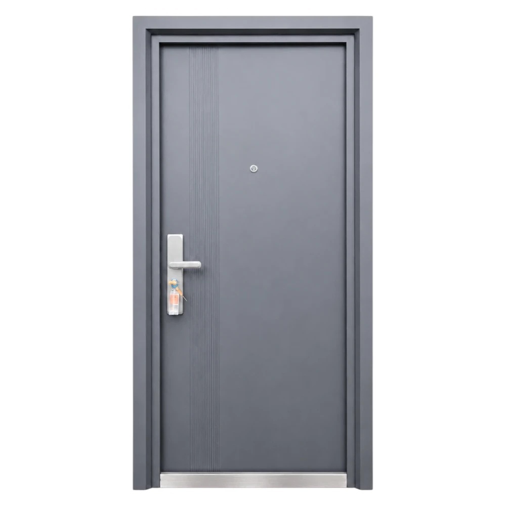Usa metalica de exterior cu izolatie si vizor Novo Doors ND7006, tabla 0.7 mm, prag din inox, balamale si clanta incluse, pentru casa si apartament, Gri Antracit (Sens deschidere: Dreapta)
