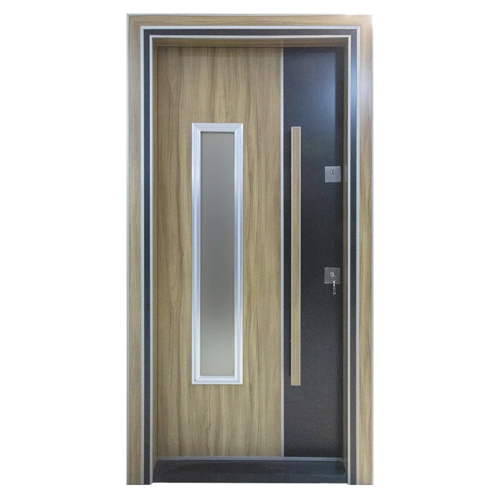 Usa metalica de exterior cu izolatie si vizor Novo Doors NDS1000S, Din compozit, 2 yale, Kit complet, Pentru case, (Culoare: Stejar Deschis, Geam: Fara geam, Sens deschidere: Dreapta)