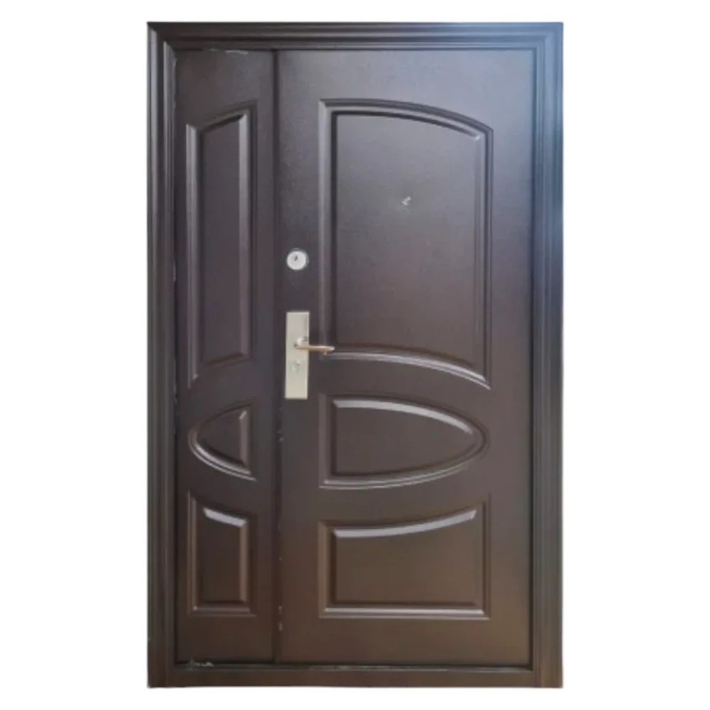 Usa metalica dubla de exterior cu izolatie si vizor Novo Doors ND5002 ,deschidere stanga dreapta, 1 yala, dimensiuni multiple,tabla 0.7 mm, balamale si clanta incluse, toc de 7 centimetri, pentru case, Maron lovitura de ciocan (Sens deschidere: ...
