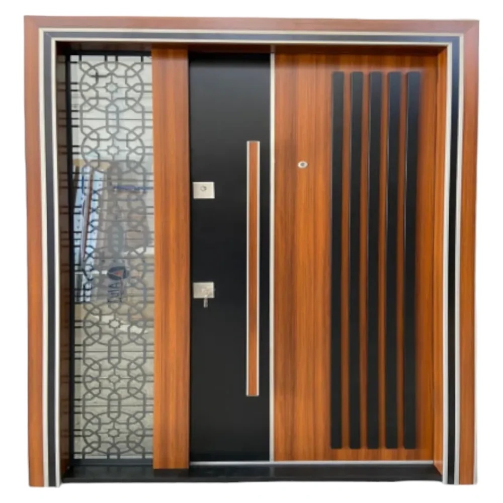 Usa metalica dubla de exterior cu izolatie si vizor Novo Doors NDS1000, Din compozit, 2 yale, Kit complet, Pentru case (Culoare: Nuc, Sens deschidere: Dreapta)