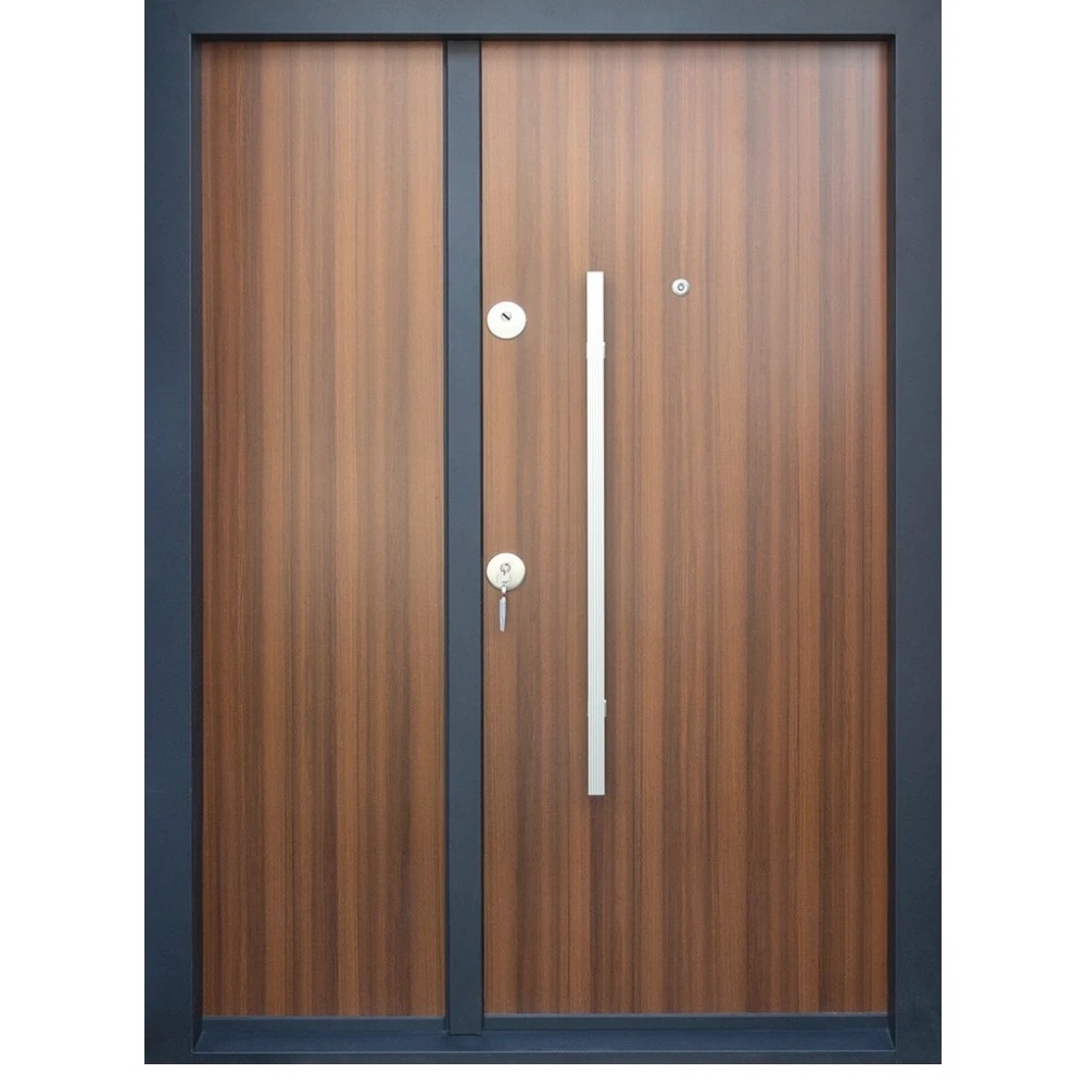 Usa metalica dubla de exterior cu izolatie si vizor Novo Doors NDS1200, Din compozit, 2 yale, Kit complet, Pentru case (Culoare: Nuc, Sens deschidere: Stanga, Dimensiune: 140 cm)
