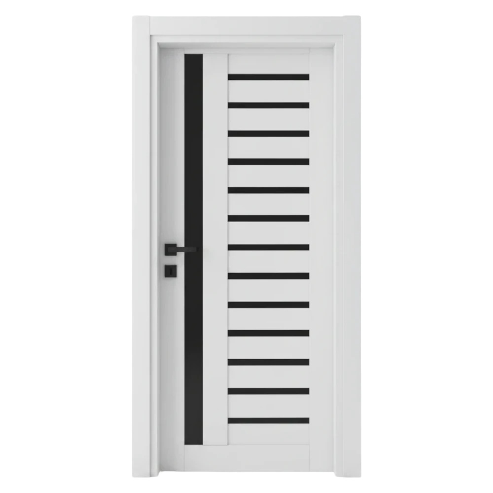 Usa Interior din MDF Novo Doors NDM01 LUX PREMIUM, Cadru din Lemn Masiv, Insertii imitatie sticla, KIT COMPLET, Toc Reglabil de 10 CM INCLUS, Plinta pe Ambele Parti (Culoare: Alb mat, Dimensiune: 80 cm, Maner: Patrat argintiu crom, Toc: Reglabil 10 ...