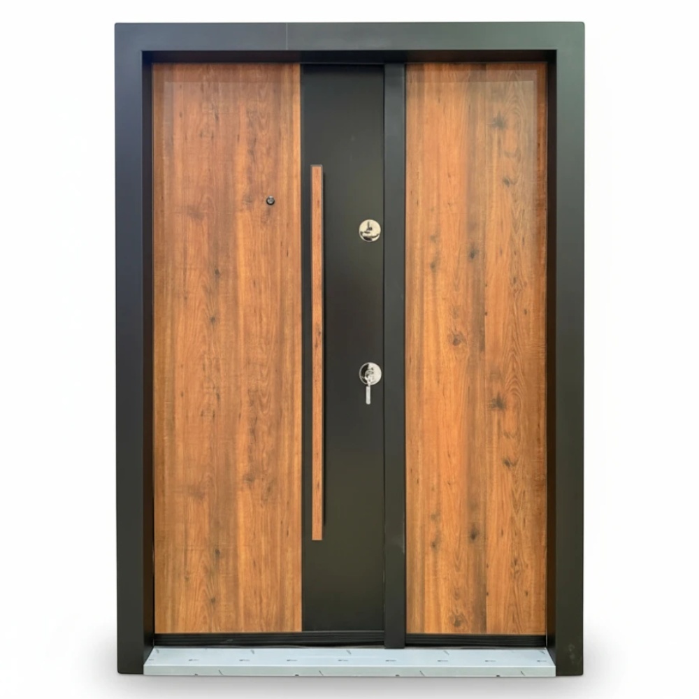 Usa metalica dubla de exterior cu izolatie si vizor Novo Doors NDA4D, Din compozit, 2 yale, Kit complet, Pentru case, Negru perlat cu Stejar auriu (Sens deschidere: Stanga, Dimensiune: 140 cm)