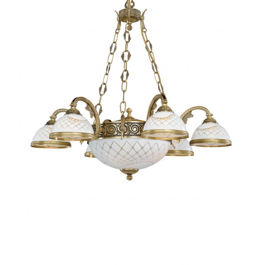 Candelabru cu 6 brate clasic design italian din alama, sticla 7002 RA-L. 7002/6+2