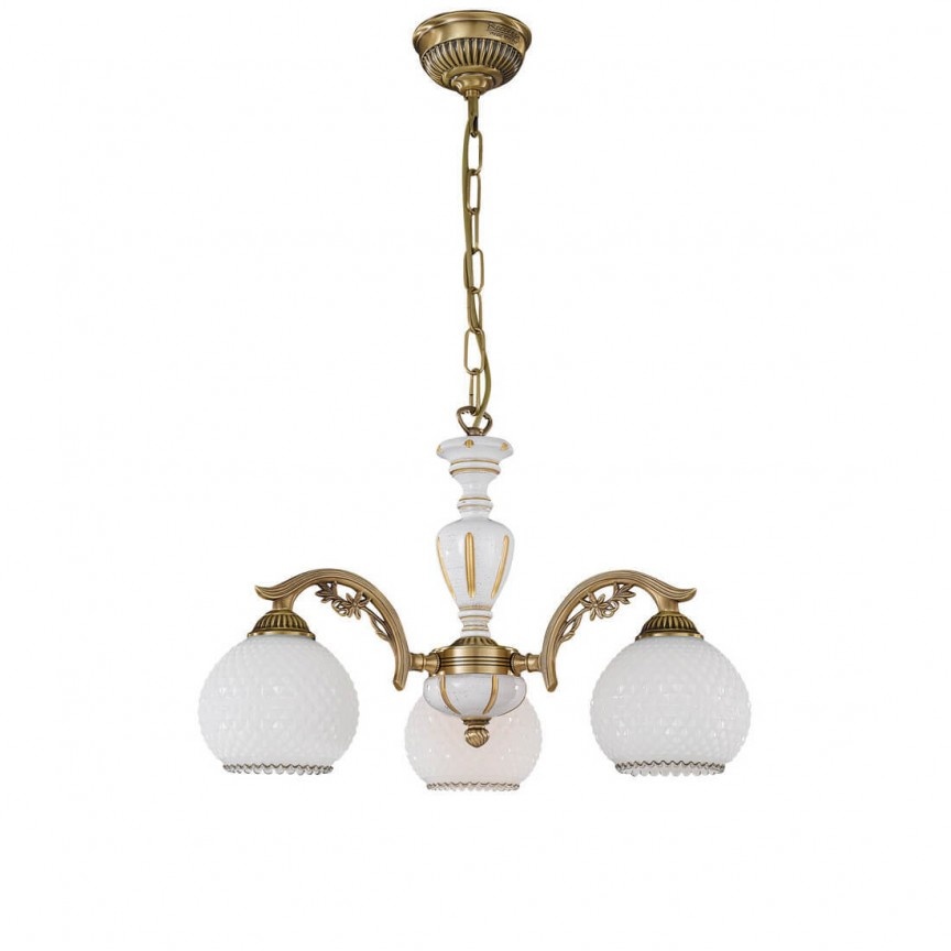Candelabru cu 3 brate clasic design italian din alama, sticla si lemn 8605 RA-L. 8605/3