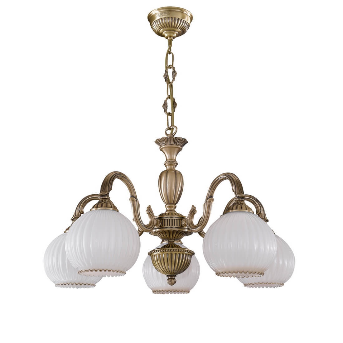 Candelabru cu 5 brate clasic design italian din alama, sticla 9200 RA-L. 9200/5