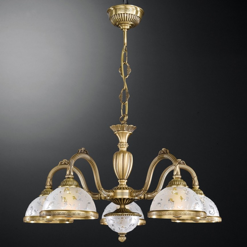 Lustra design clasic cu 5 brate din alama si sticla 6202