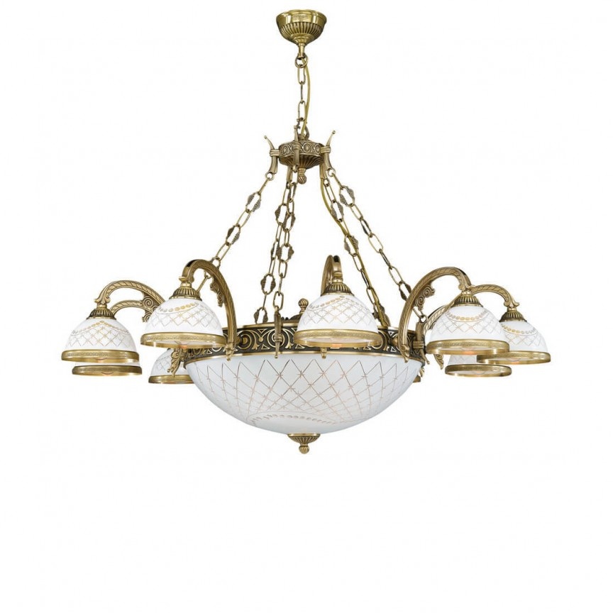 Candelabru cu 10 brate clasic design italian din alama, sticla 7002 RA-L. 7002/10+4