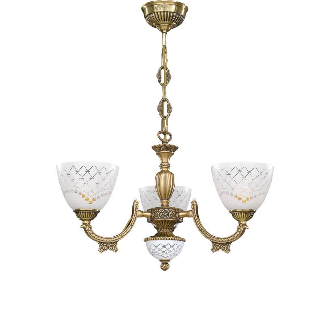 Candelabru cu 3 brate clasic design italian din alama, sticla 7052 RA-L. 7052/3