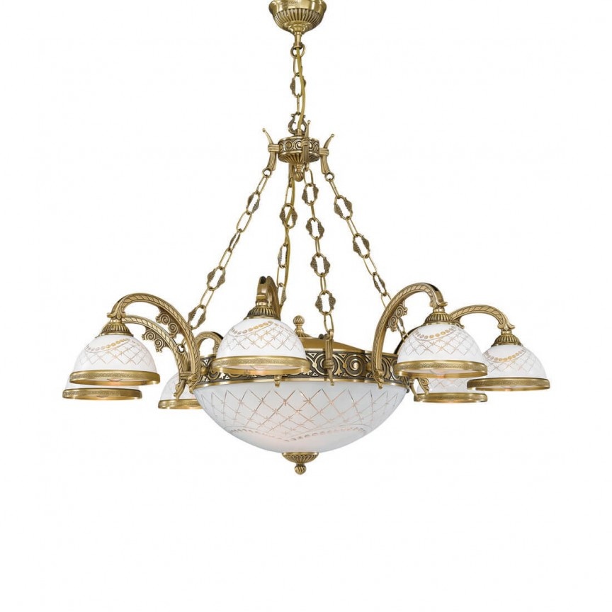 Candelabru cu 8 brate clasic design italian din alama, sticla 7002 RA-L. 7002/8+3