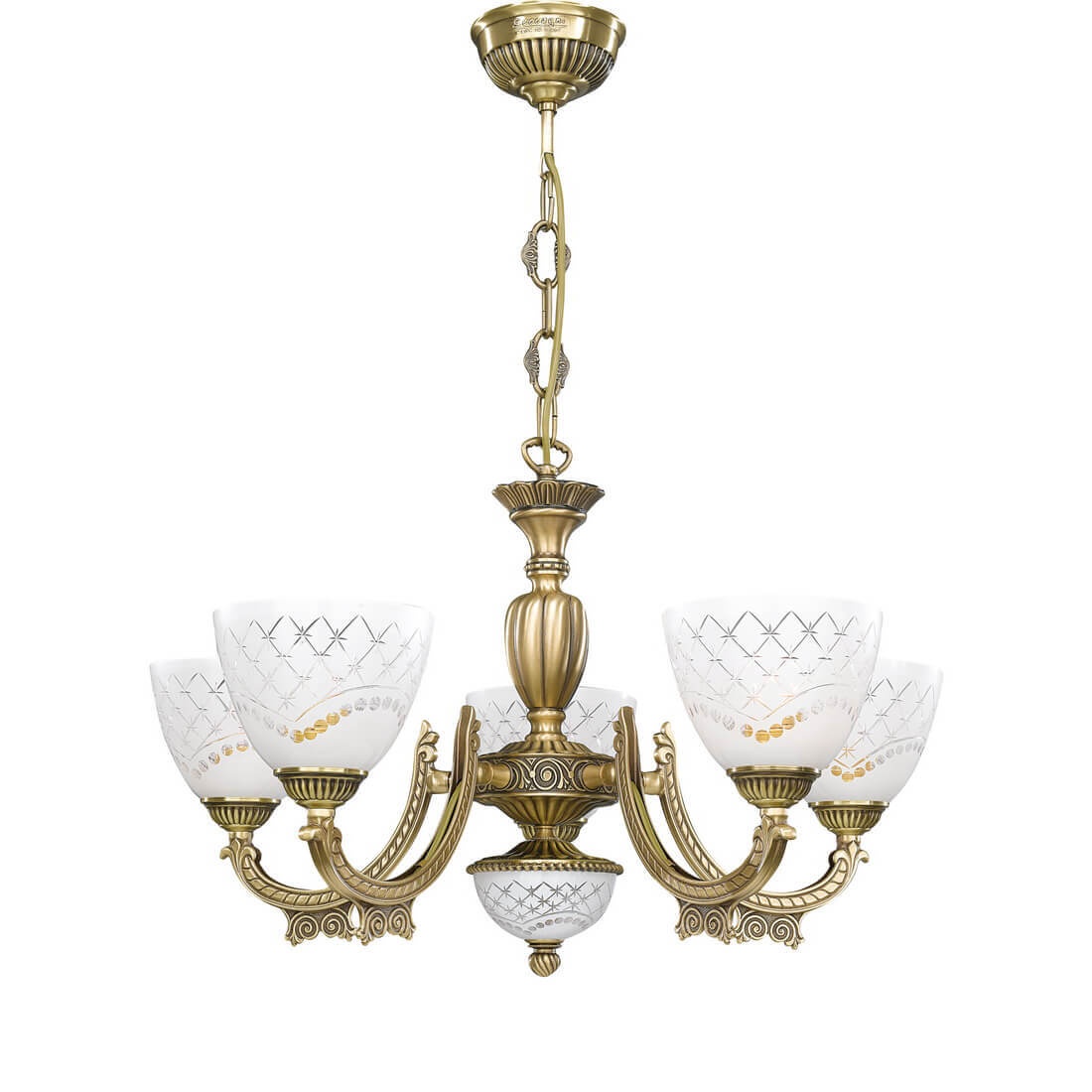 Candelabru cu 5 brate clasic design italian din alama, sticla 7052 RA-L. 7052/5