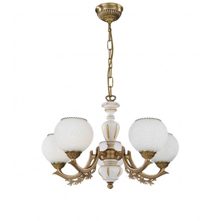 Candelabru cu 5 brate clasic design italian din alama, sticla si lemn 8655 RA-L. 8655/5