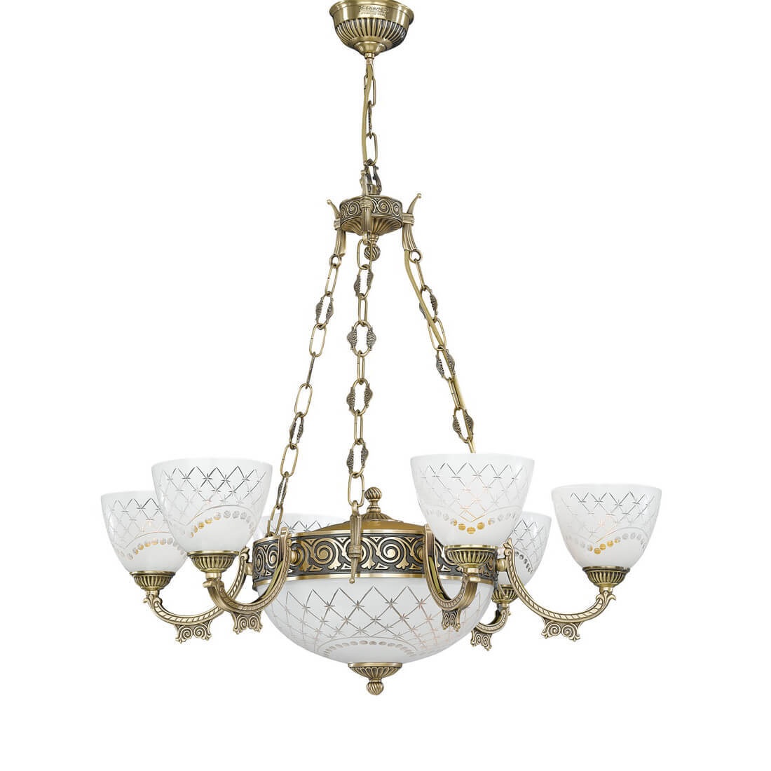 Candelabru cu 6 brate clasic design italian din alama, sticla 7052 RA-L. 7052/6+2