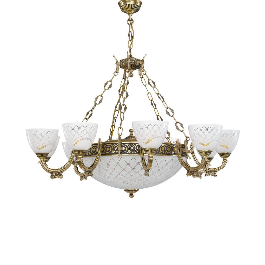 Candelabru cu 10 brate clasic design italian din alama, sticla 7052 RA-L. 7052/10+4