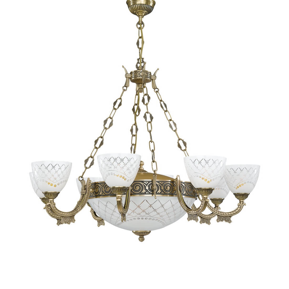 Candelabru cu 8 brate clasic design italian din alama, sticla 7052 RA-L. 7052/8+3