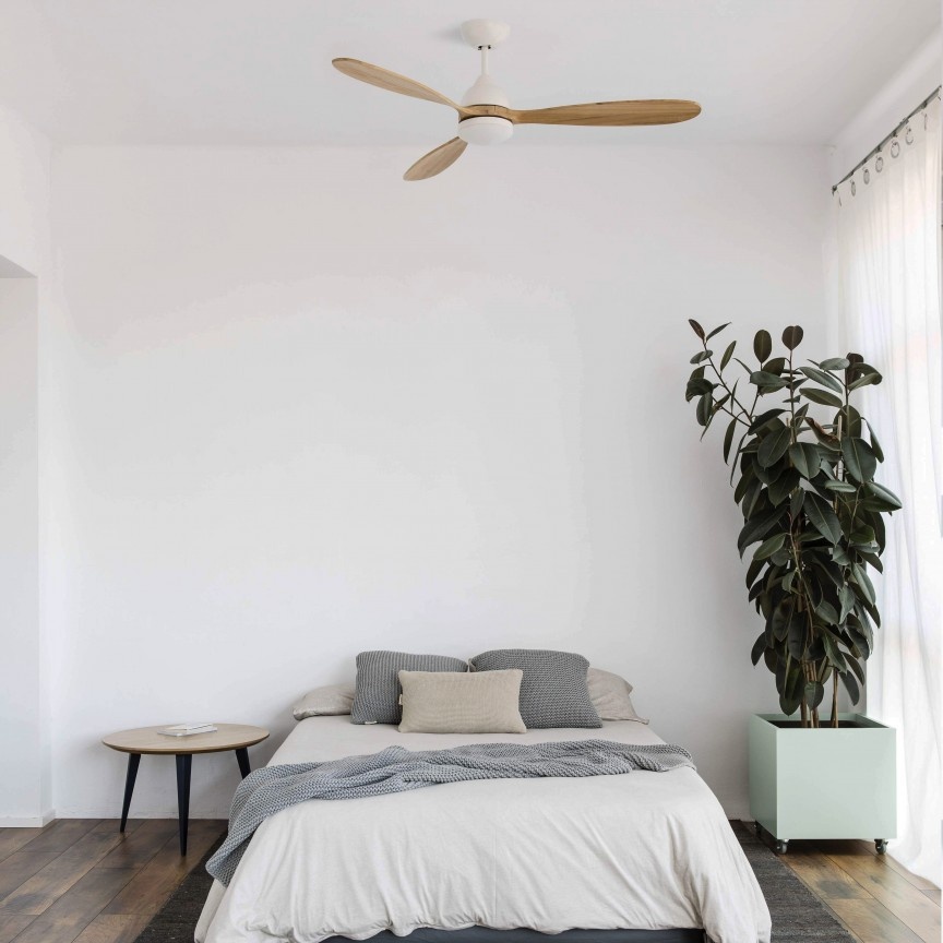 Lustra LED cu Ventilator si telecomanda design modern POROS alb/lemn