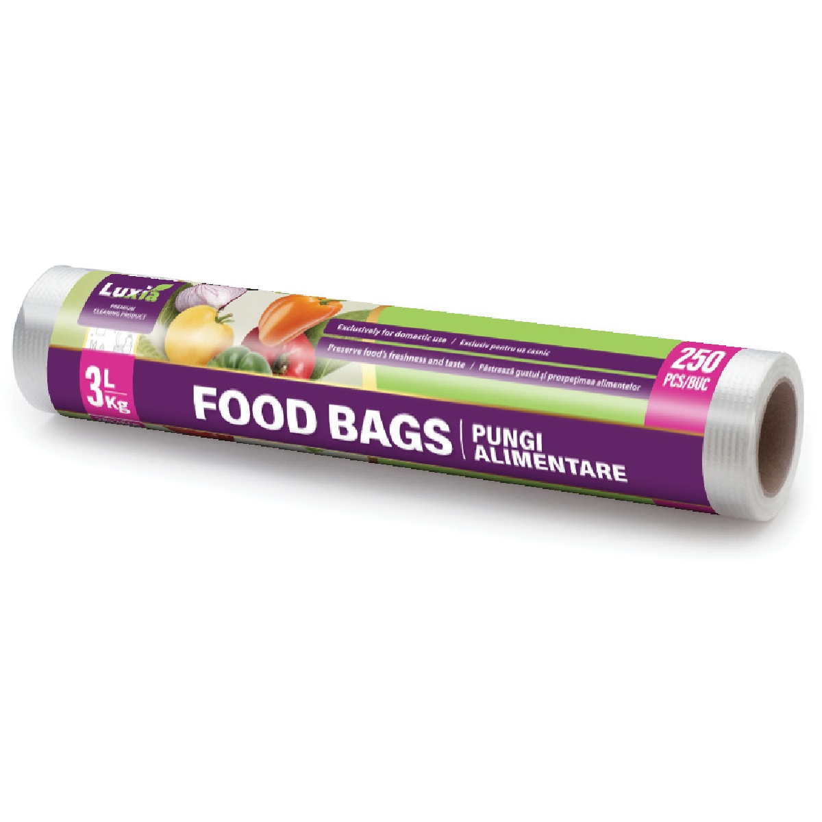 1001cosmetice.ro Pungi alimentare pe rola rezistente, 3kg/3l, 250 bucăți, Luxia 4088