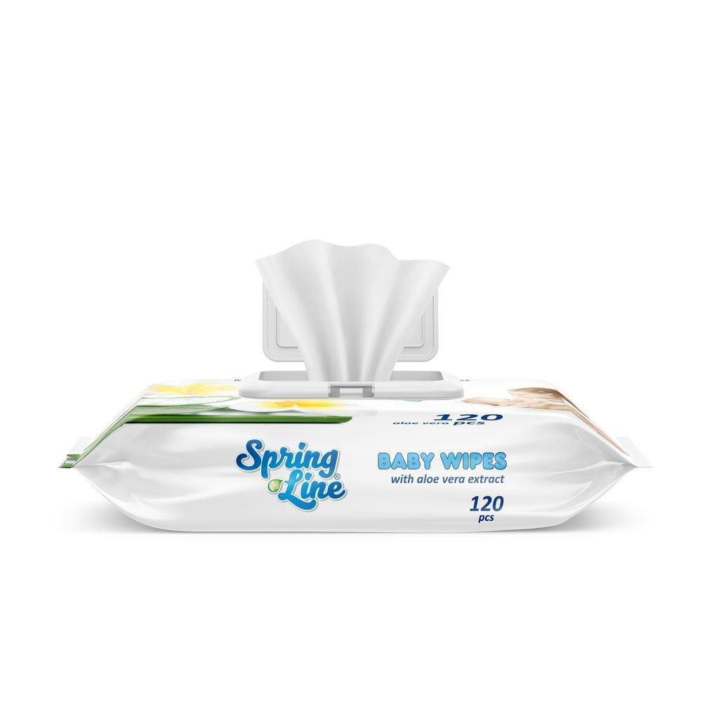 SPRING LINE BABY WIPES SERVETELE UMEDE PENTRU BEBELUSI CU ALOE VERA 120 BUCATI CU CAPAC - 1 | YEO