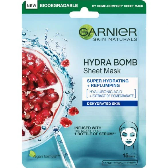 1001cosmetice.ro Masca servetel pentru fata, ten deshidratat, cu Acid Hyaluronic si extract de pomegranate, Hydra Bomb, Garnier, 28 g