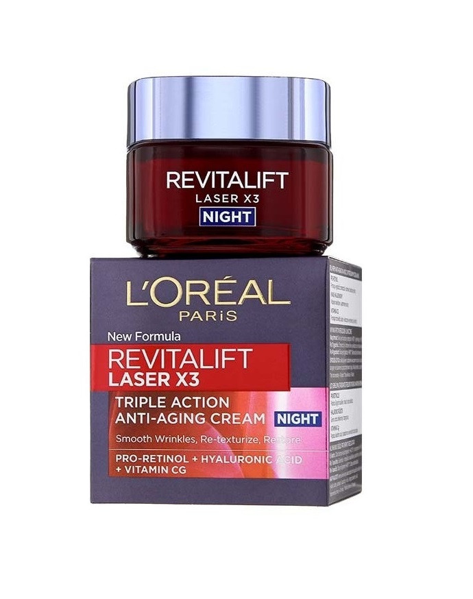 LOreal Crema antirid de noapte cu PRO-RETINOL, HYALURONIC ACID, VITAMINA CG, Loreal Revitalift Laser X3 Anti-Anging, SPF 20, 50 ml