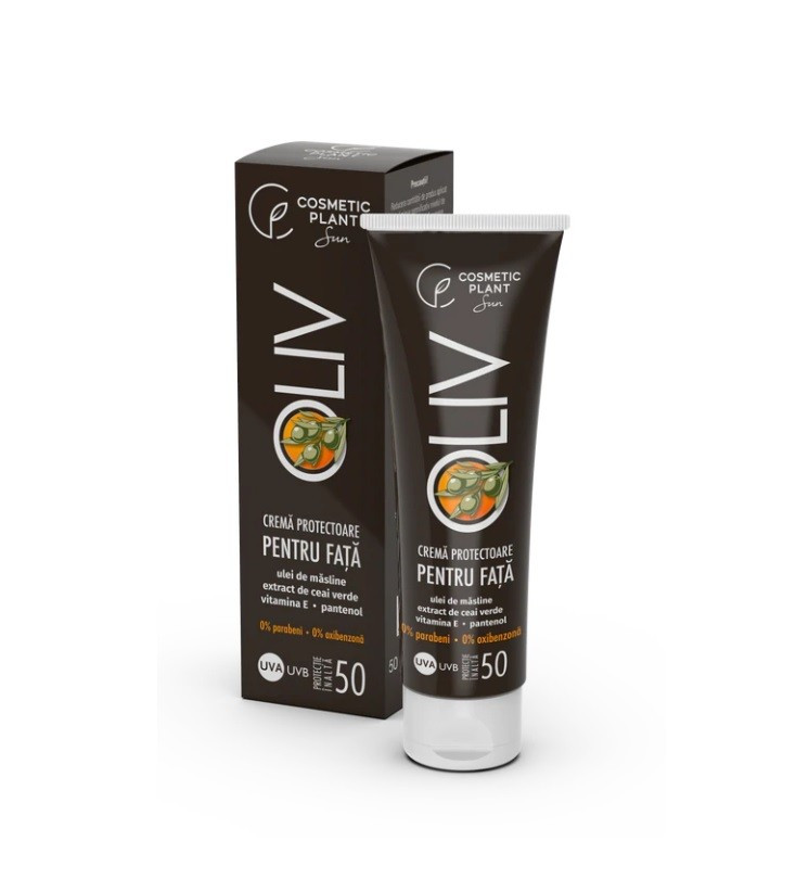 1001cosmetice.ro Crema protectoare pentru fata OLIV cu SPF50 cu ulei de masline, ceai verde, vit. E, pantenol Cosmetic Plant, 50 ml