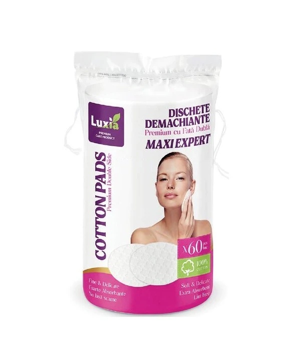 primer ten Dischete demachiante bumbac, Maxi expert, premium cu fata dubla, set 60 bucati, Luxia