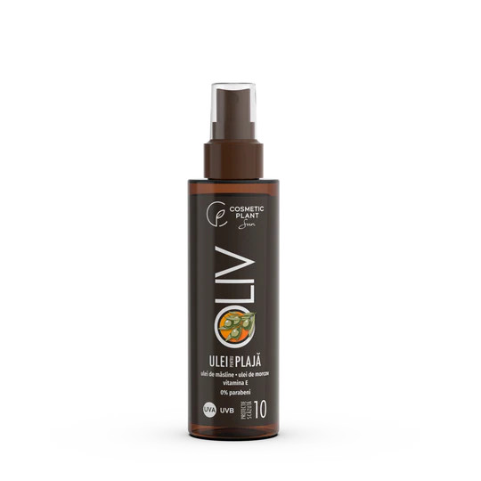1001cosmetice.ro Ulei pentru plaja OLIV SPF10, cu ulei de morcov, ulei de masline si vitamina E, Cosmetic Plant, 150 ml