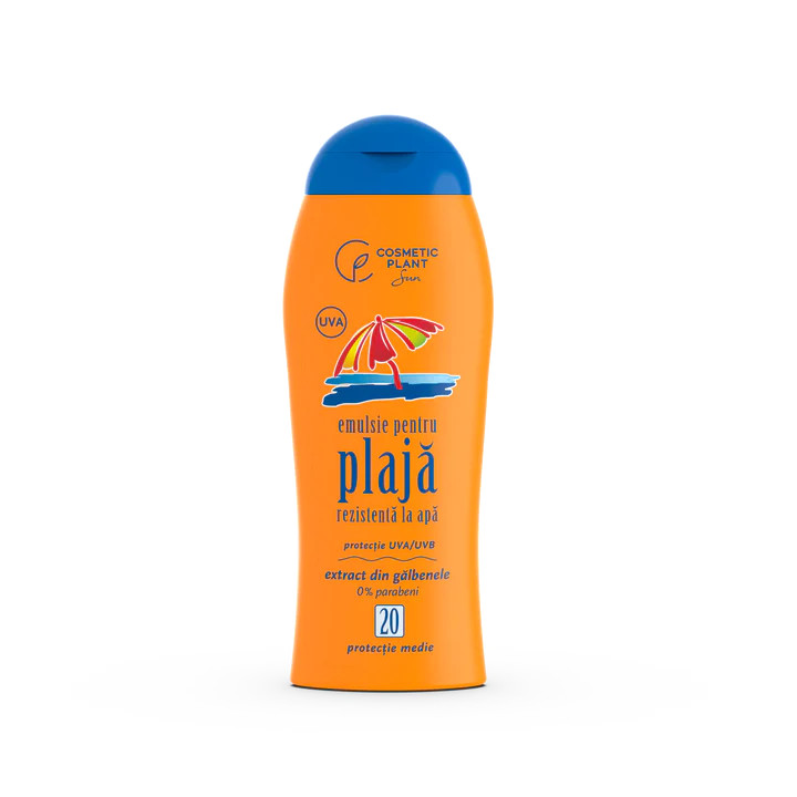 1001cosmetice.ro Emulsie pentru plaja, rezistenta la apa, SPF20, cu galbenele, Cosmetic Plant, 200 ml