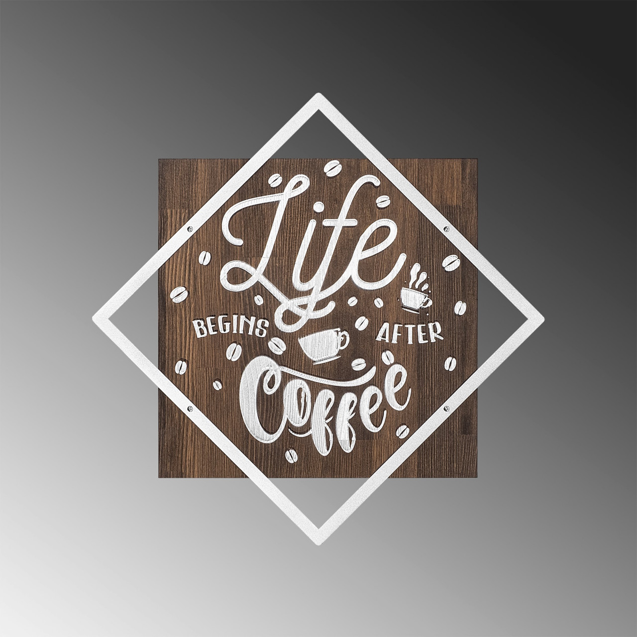 Poze Accesoriu decorativ de perete din lemn Life begins after coffee argintiu