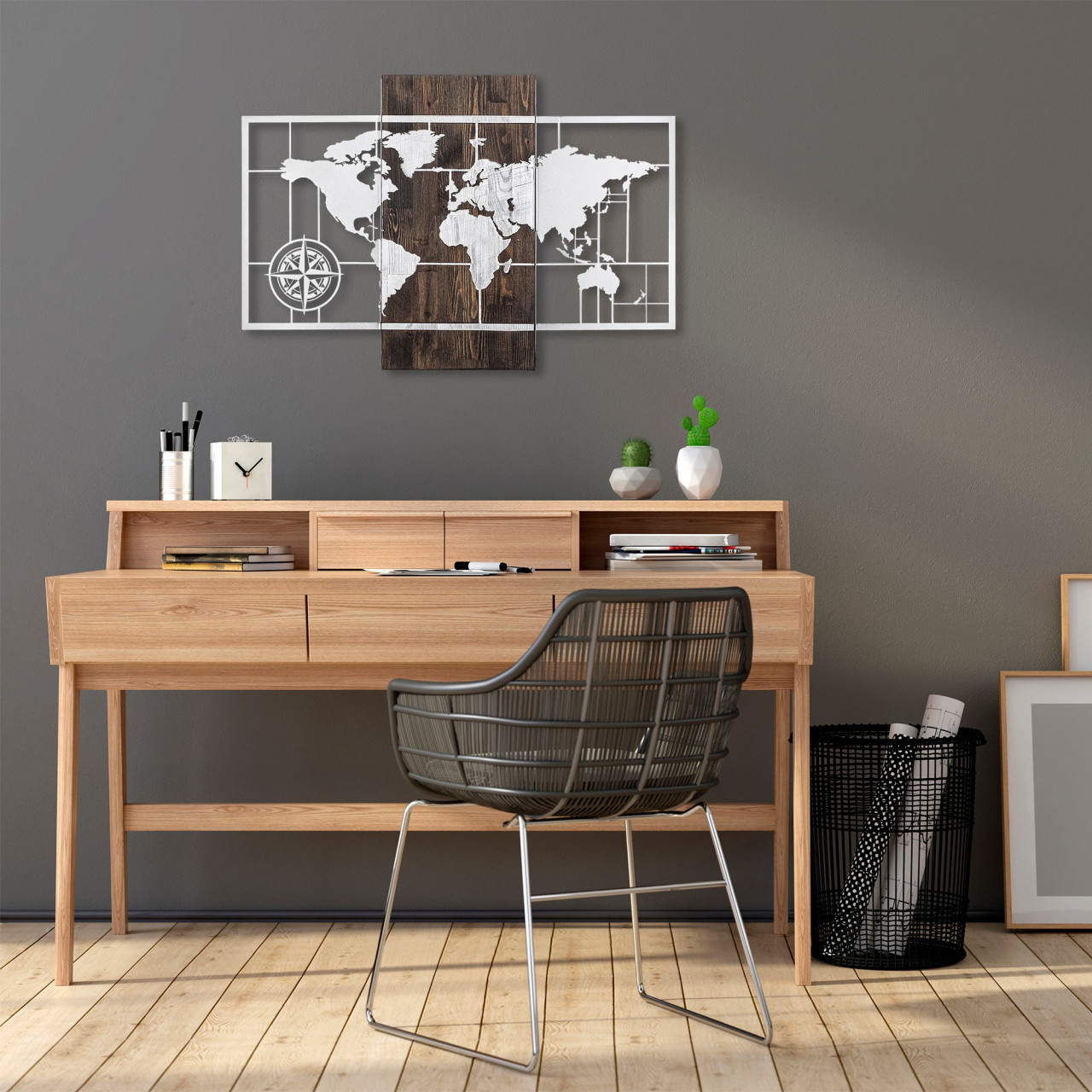 Poze Accesoriu decorativ de perete din lemn World map argintiu