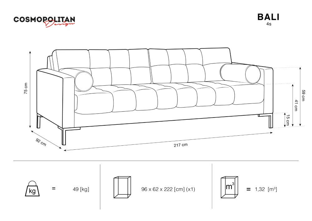 Poze Canapea Bali 4 locuri picioare negre Meg361– L217 x l92 x h75